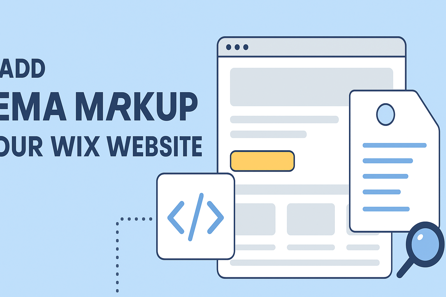 Step-by-step guide on how to add schema markup to a Wix website, illustrated in a flat-style infographic banner for SEO optimization